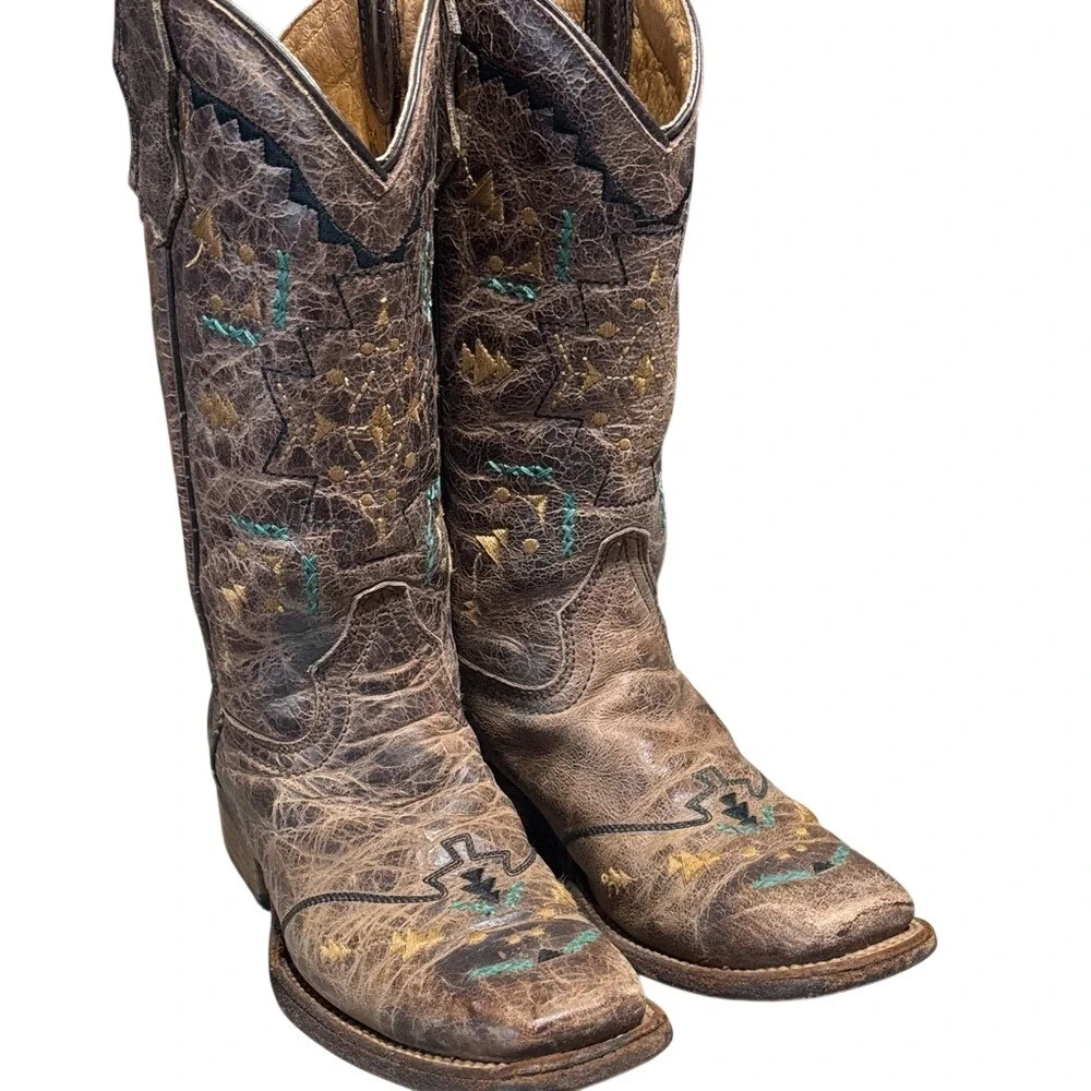 Corral Kids Brown Distressed Leather Southwestern Embroidered Cowboy Boots A3133